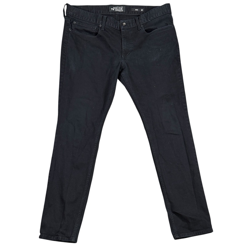 Rude Skinny Jeans Men’s 36 x 30 Jet Black Stretch Denim Streetwear 5 Pocket 9.5”